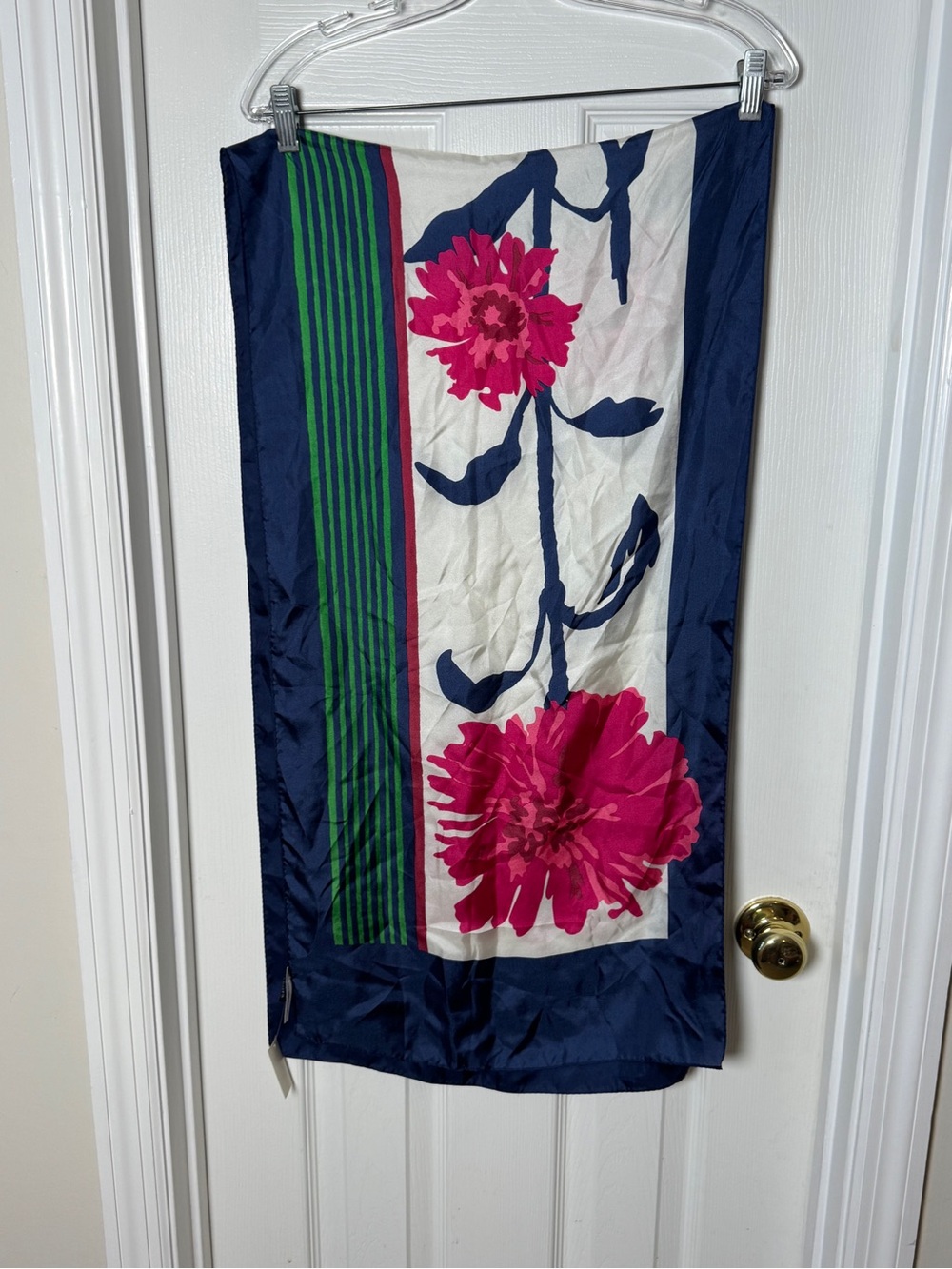 NWT Vintage Talbots 100% Silk Scarf Fuchsia Pink Floral Navy Green Striped